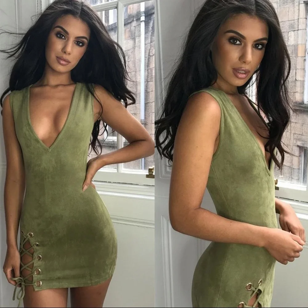BNWT Oh Polly Thigh And Mighty Plunge Suede Mini Dress in Green - Picture 4 of 7